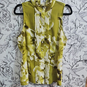 The Limited Green Sleeveless Pleated Blouse with Mandarin Collar